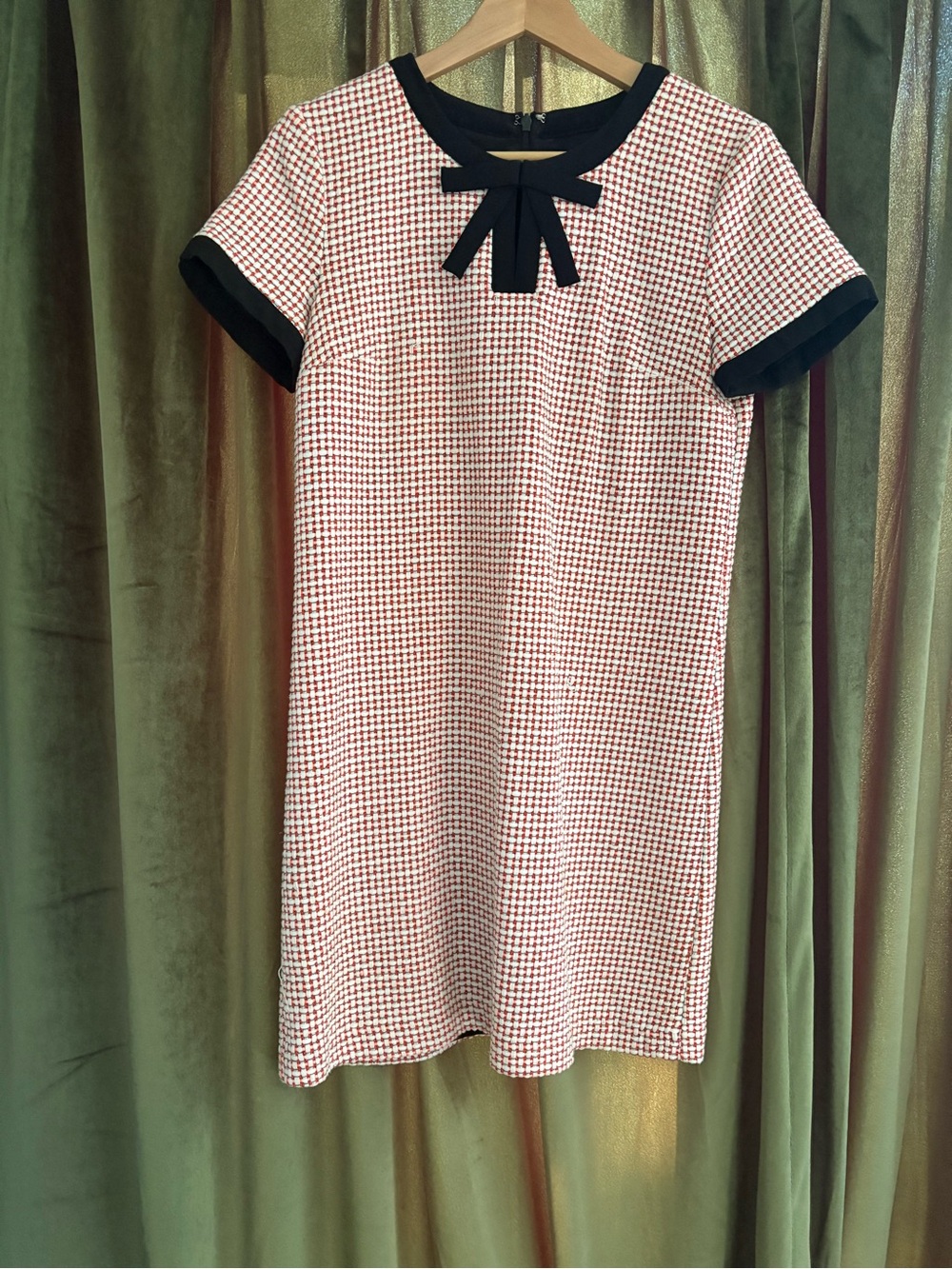 Pink and White Above Knee Dress with Black Trim and Bow